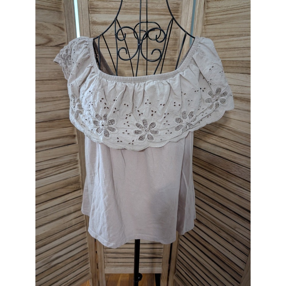 Paper Tee Beige Off Shoulder Knit Top Women Size Large Eyelet Sleeveless